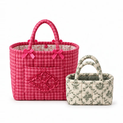 Raspberry Gingham Quilty with a Sage Toile Mini Quilty