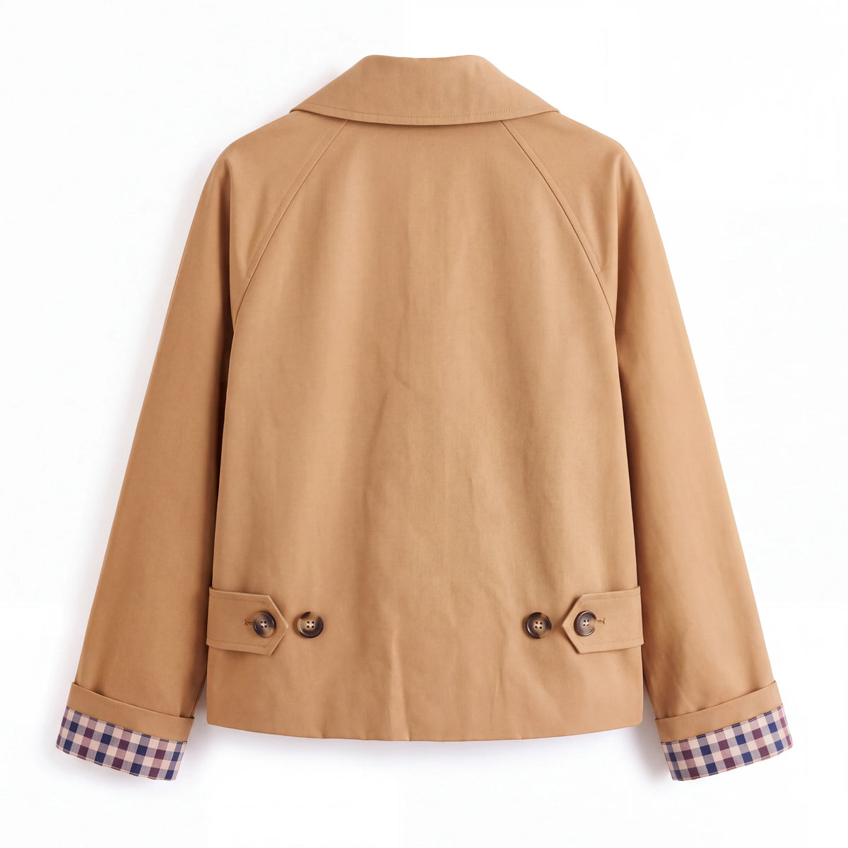 Cropped Trench Coat with Plaid Lining, Camel, back view
