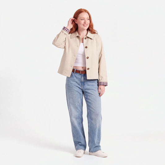 Cropped Trench Coat with Plaid Lining, Apricot, worn