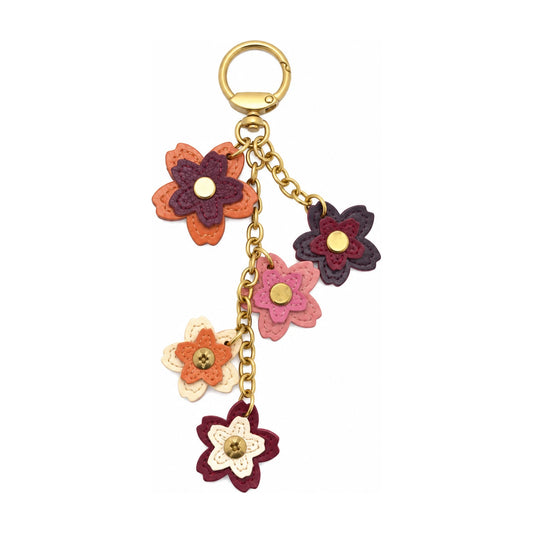 Bloomy leather flower bag charm, Blossom Cascade: five leather cherry-blossom flowers on a gold chain