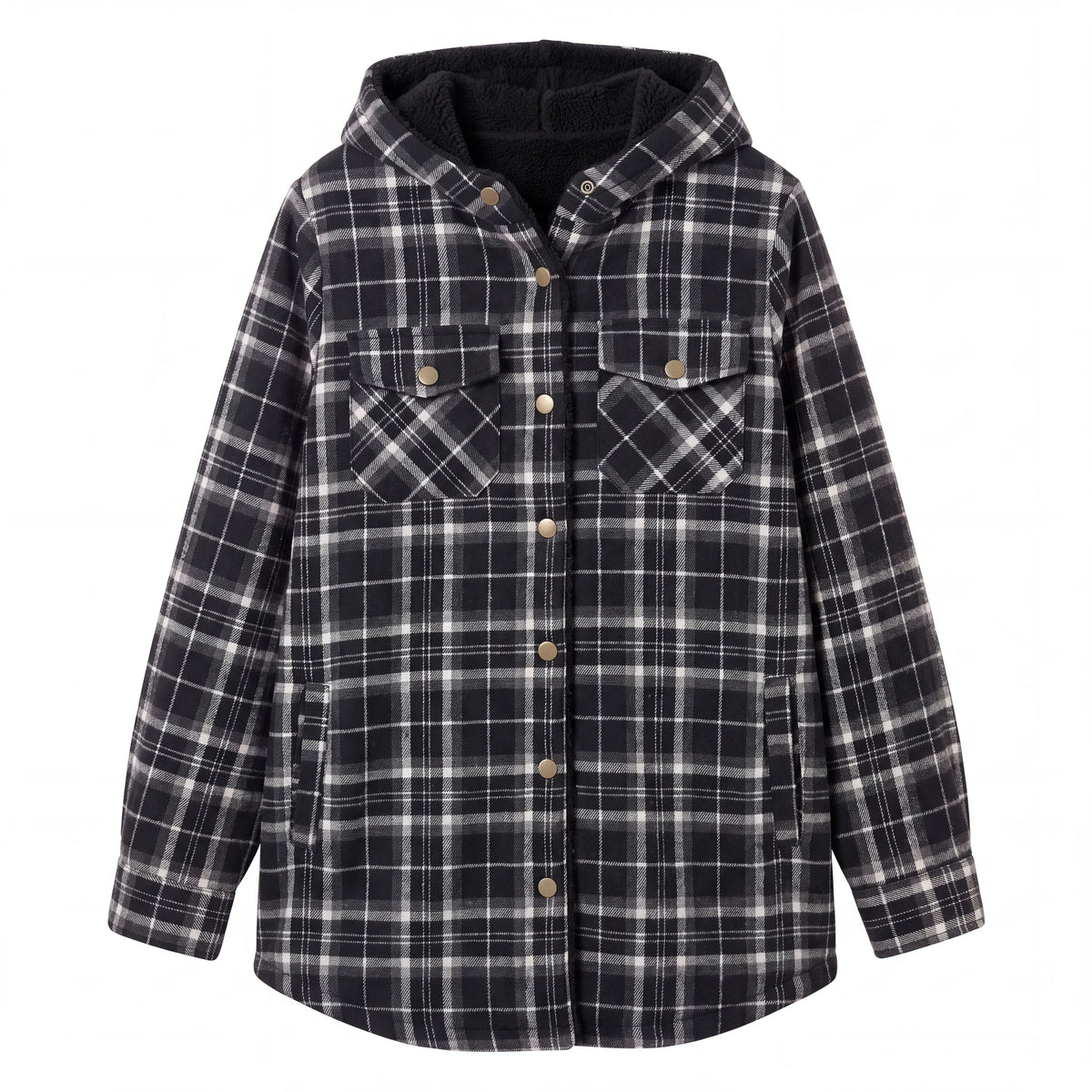 Hooded Plaid Shacket, Black Plaid, front