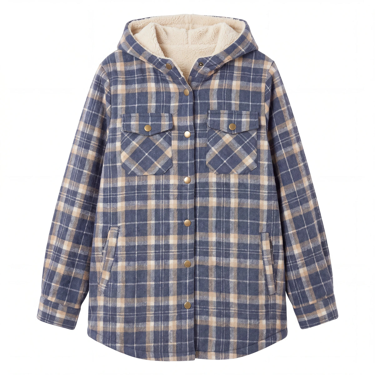 Hooded Plaid Shacket, Blue Plaid, front