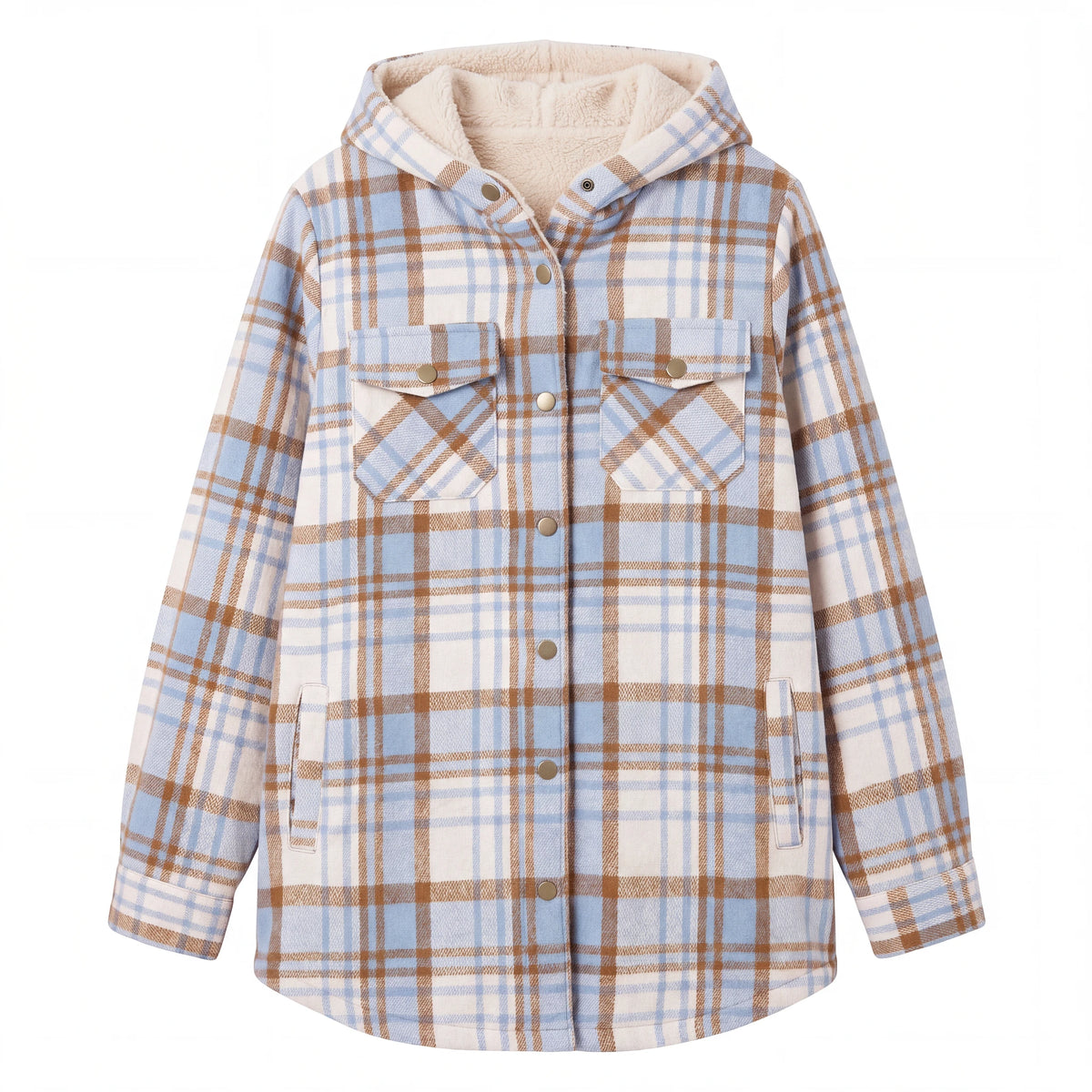 Hooded Plaid Shacket, Light Blue Plaid, front