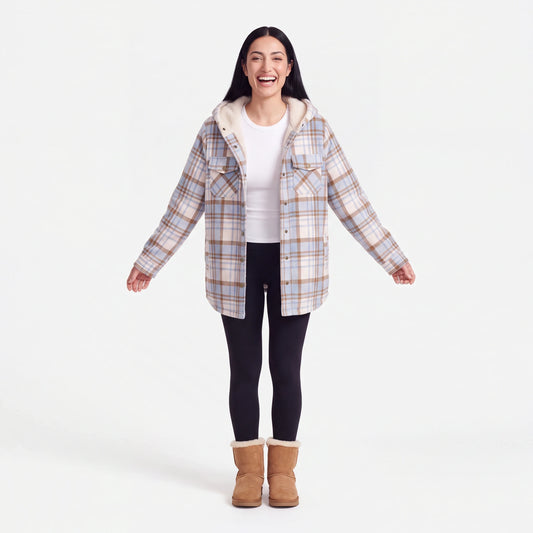 Hooded Plaid Shacket, Light Blue Plaid, laughing