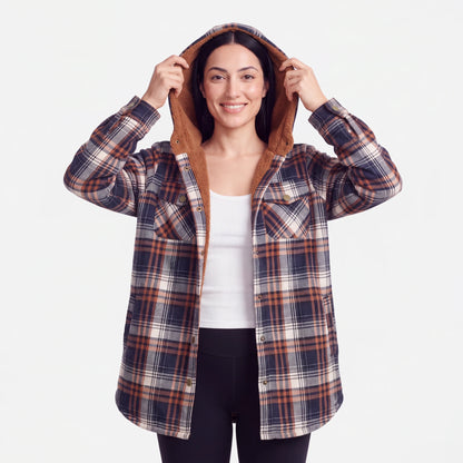 Hooded Plaid Shacket, Navy Plaid, hood up