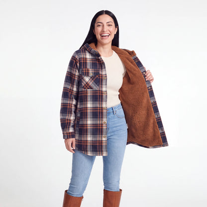 Hooded Plaid Shacket, Navy Plaid, open to show the sherpa lining