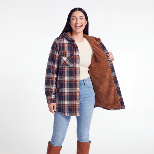 Hooded Plaid Shacket, Navy Plaid, open to show the sherpa lining