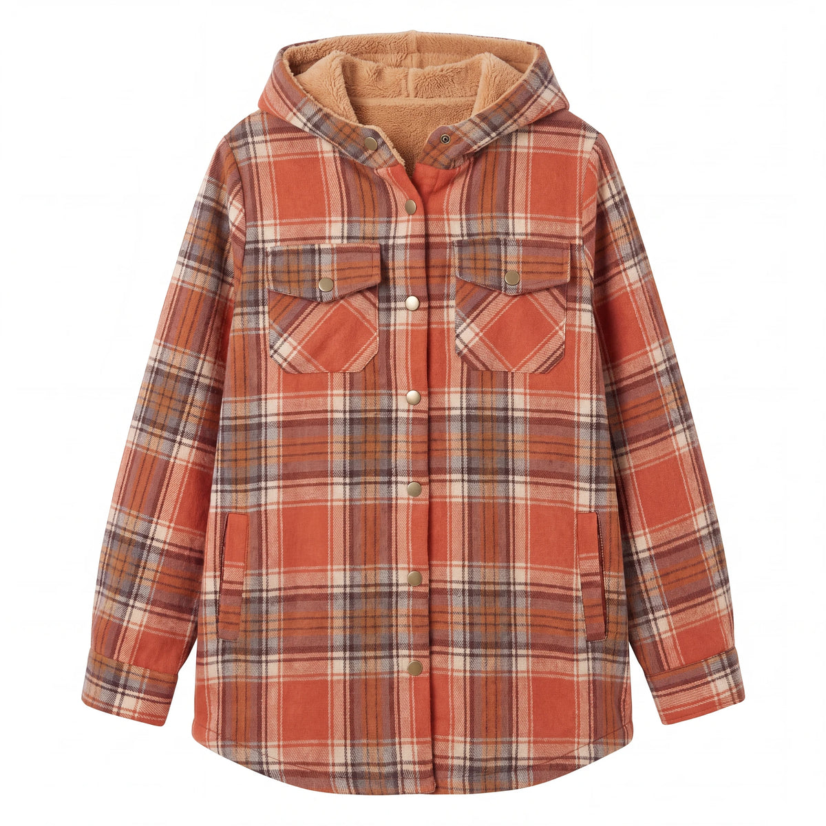 Hooded Plaid Shacket, Orange Plaid, front