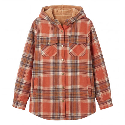 Hooded Plaid Shacket, Orange Plaid, front
