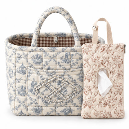 Quilty + Wipey — Blue Toile + Mocha Ditsy