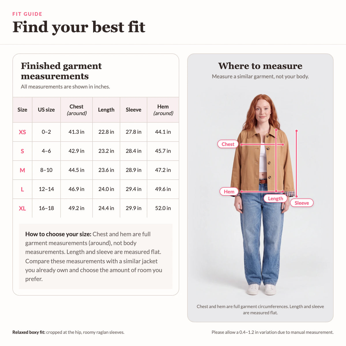 Cropped Trench Coat with Plaid Lining, size chart