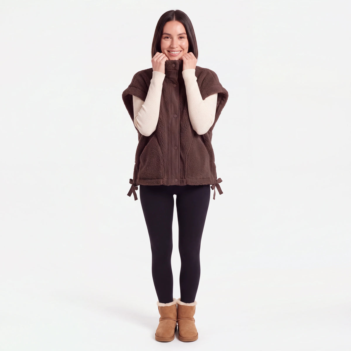 Oversized Sherpa Vest, Coffee Brown, stand collar