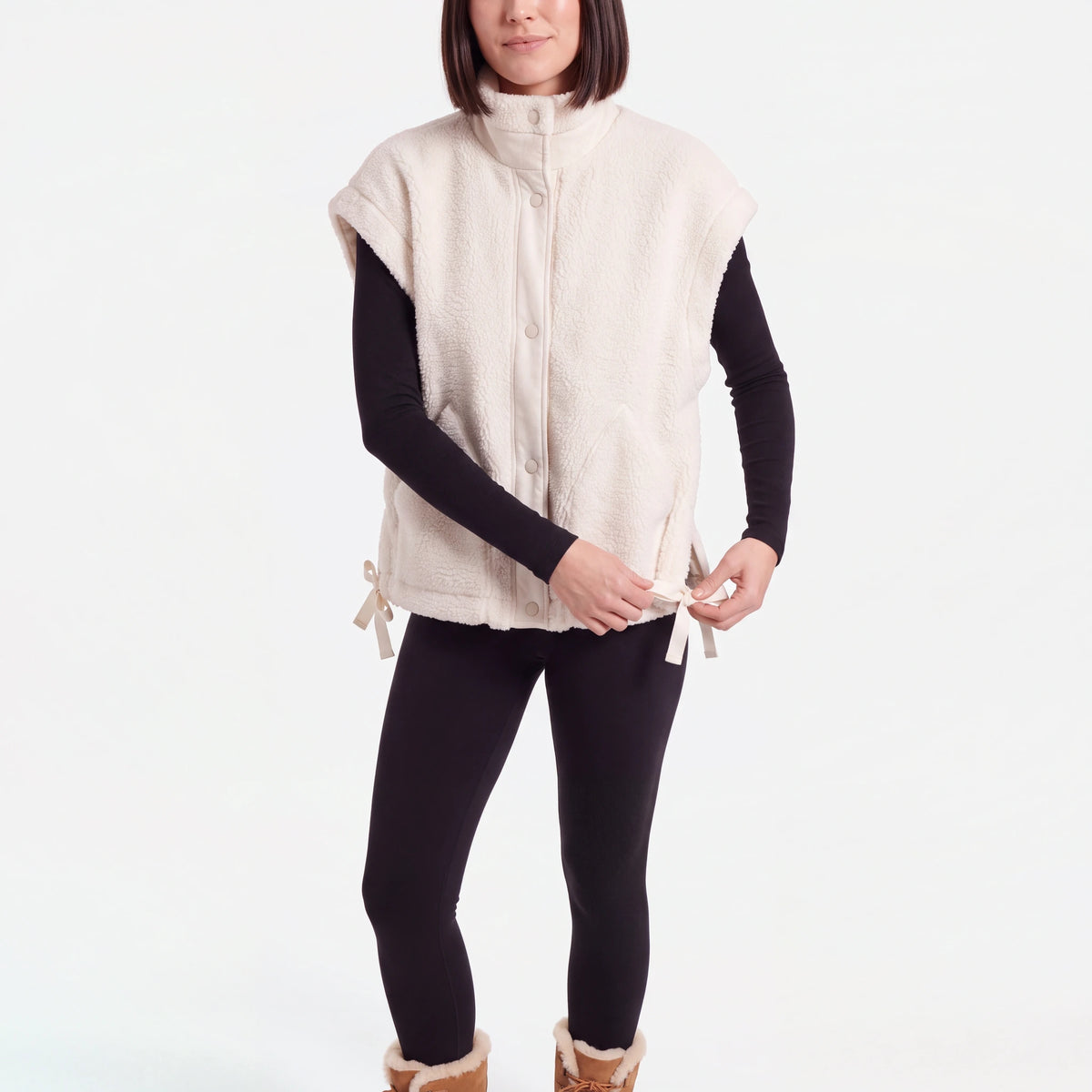 Oversized Sherpa Vest, Cream, tying the side bow