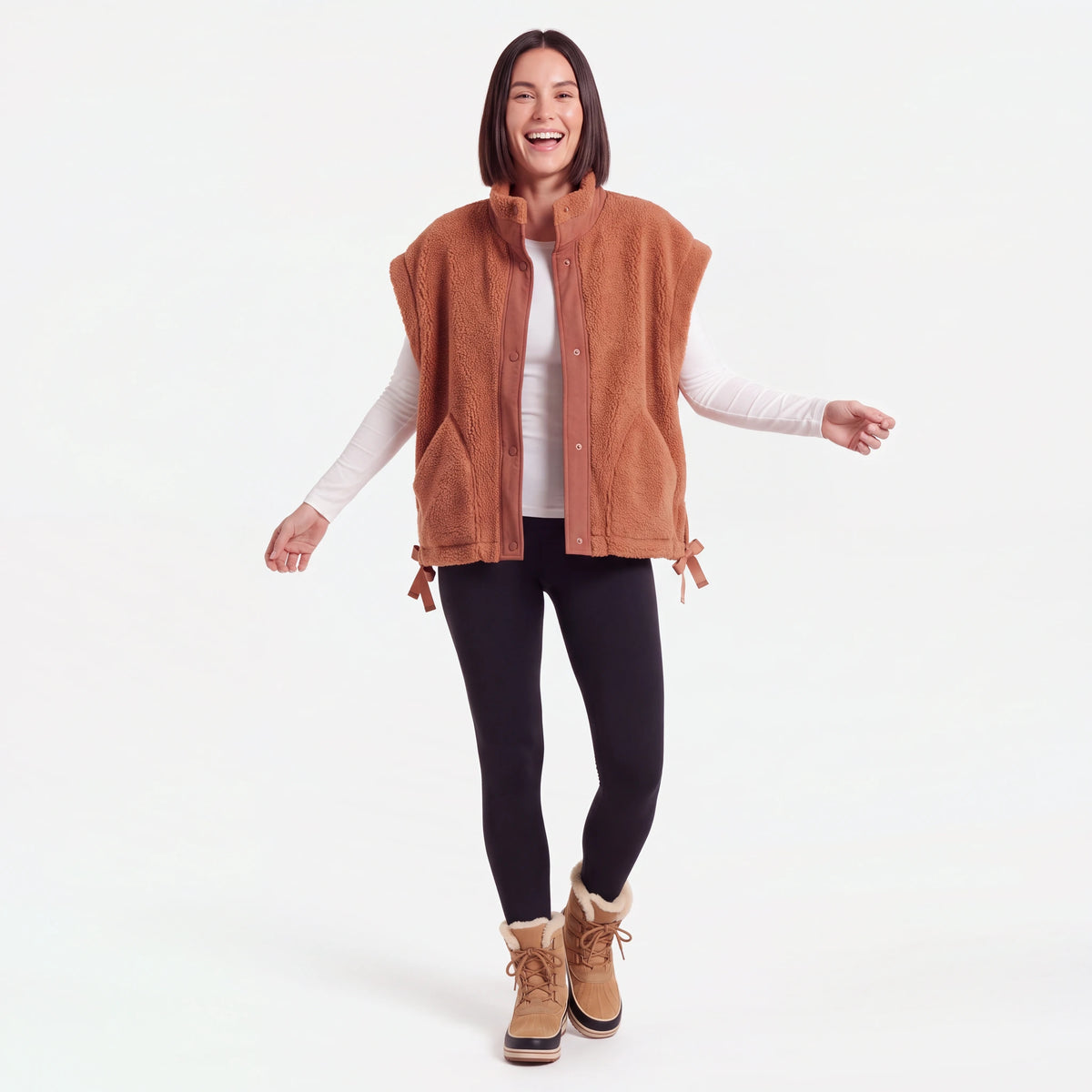 Oversized Sherpa Vest, Rust, worn open