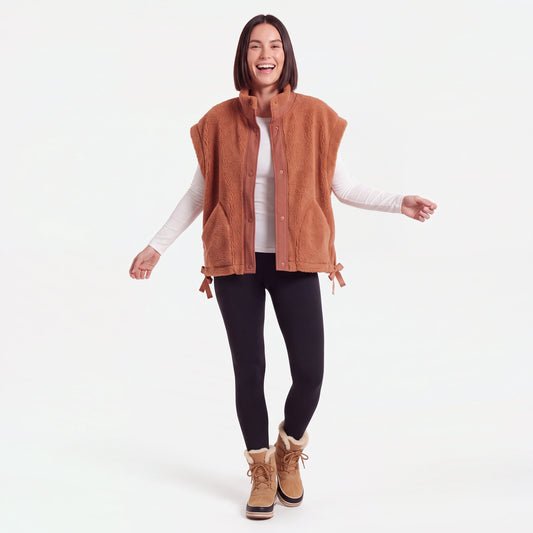 Oversized Sherpa Vest, Rust, worn open